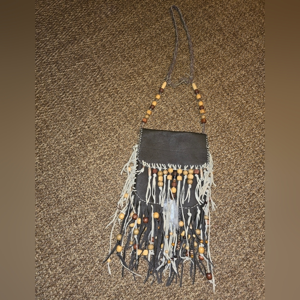 Vintage Handmade Leather Bag With Beaded Fringe